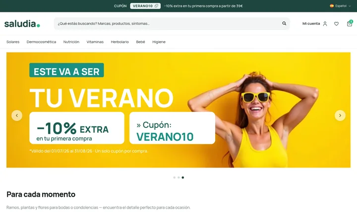 Portada de Saludia, la tienda de parafarmacia de ejemplo